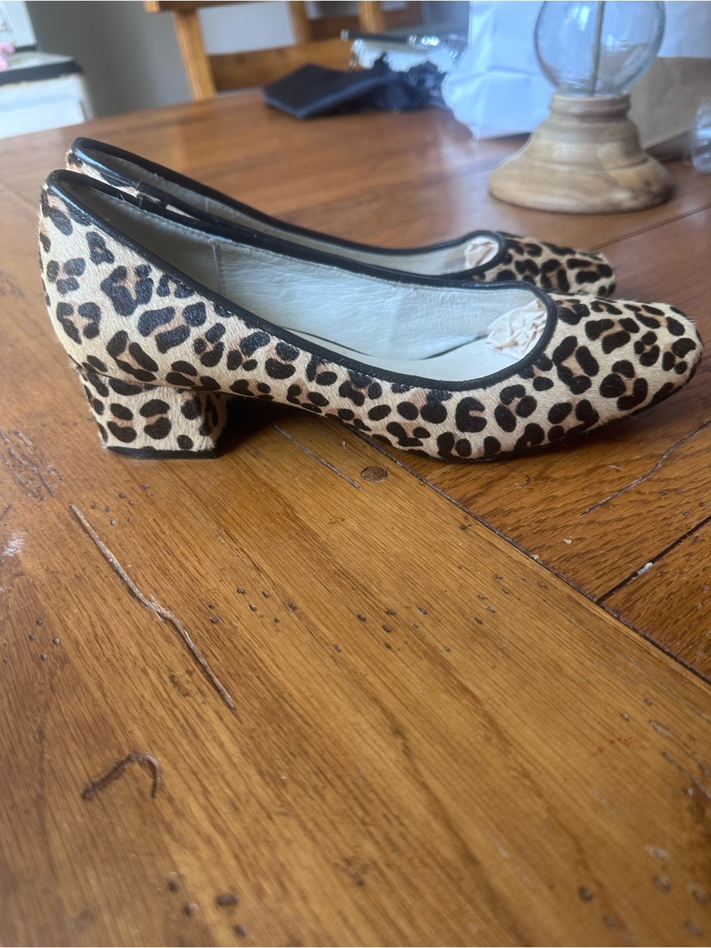Vintage Calf Hair Leopard Print Low Block Heel Pumps in Tan and Black